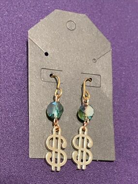 Gold-Tone Dollar Sign Drop Earrings with Green Crystal Beads